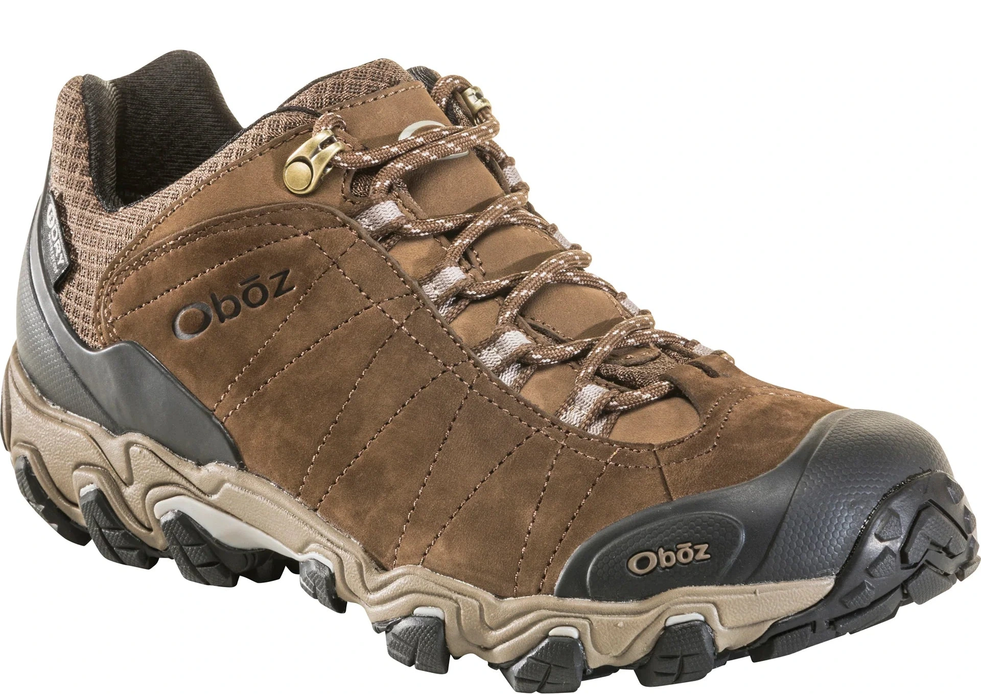 Brown hiking shoe with visible branding on a white background