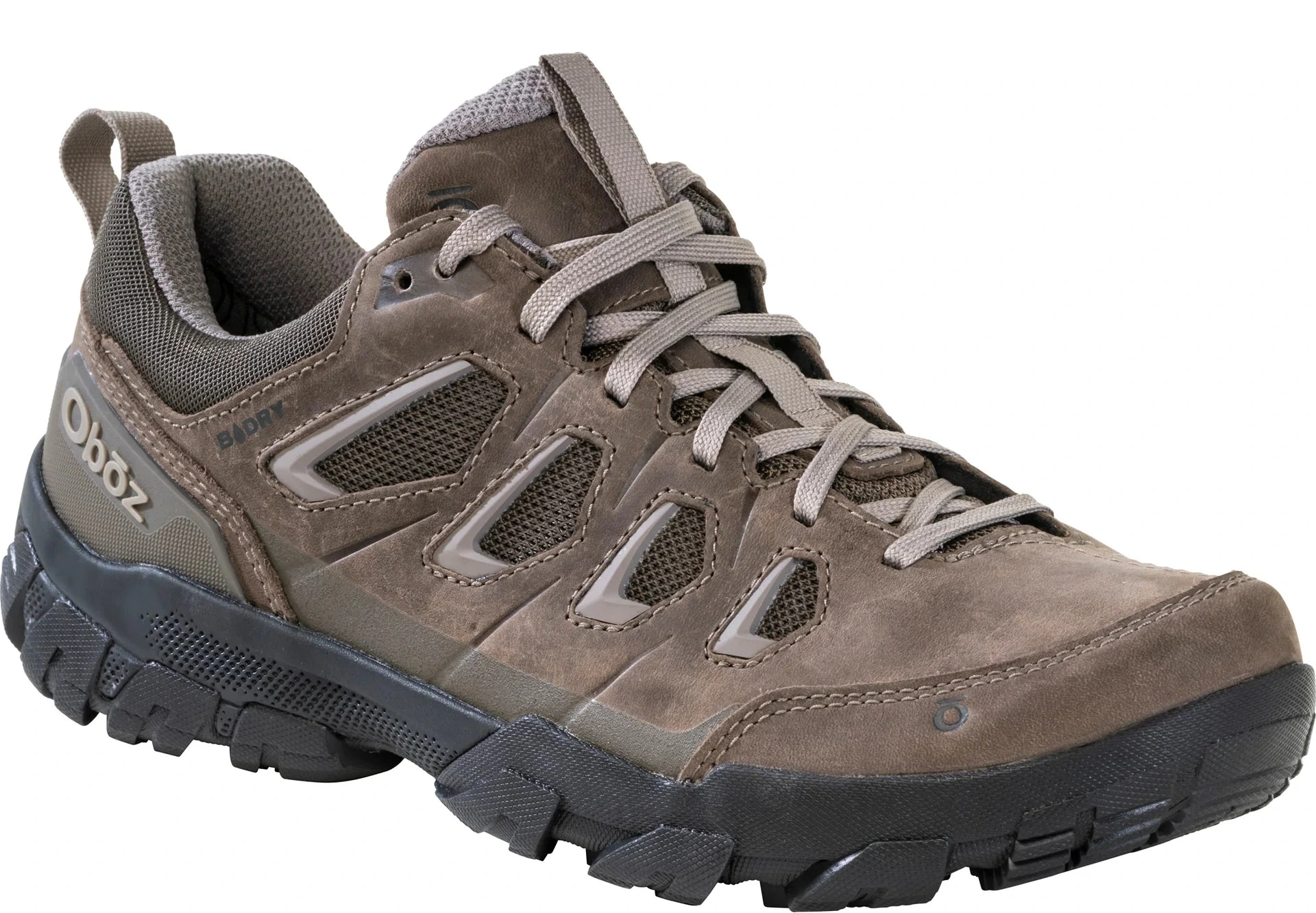 Brown hiking shoe with black sole on a white background