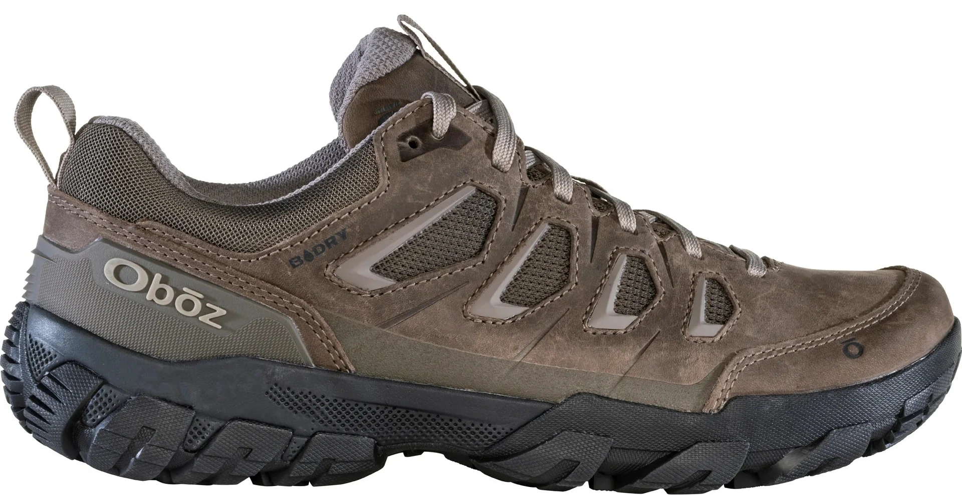 Brown hiking shoe with black sole on a white background