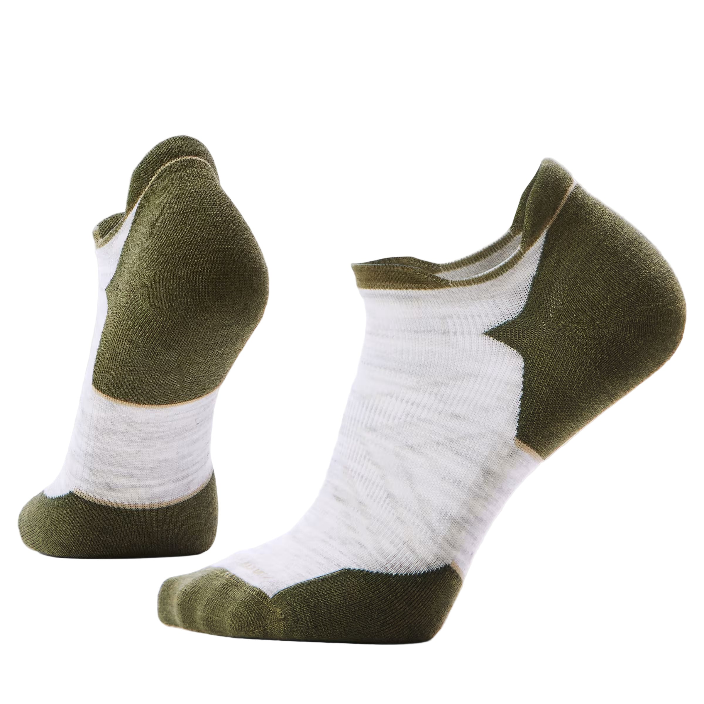 Pair of green and white ankle socks on a light gray background