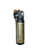 A Bear Defense personal safety spray canister with a black body, gold label, and orange spray trigger, standing upright