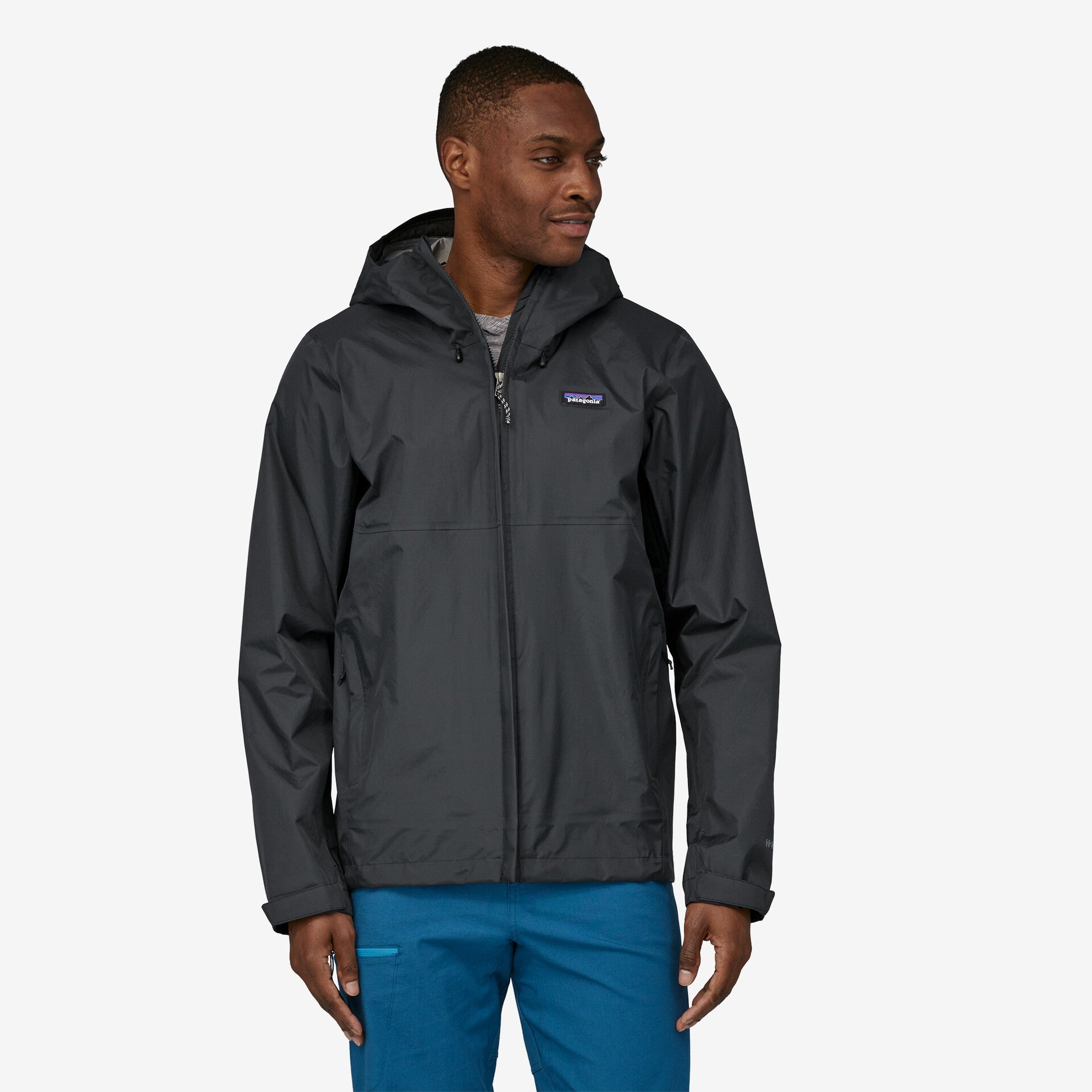 Front of Patagonia Torrentshell 3L Men's Rain Coat in Black on model