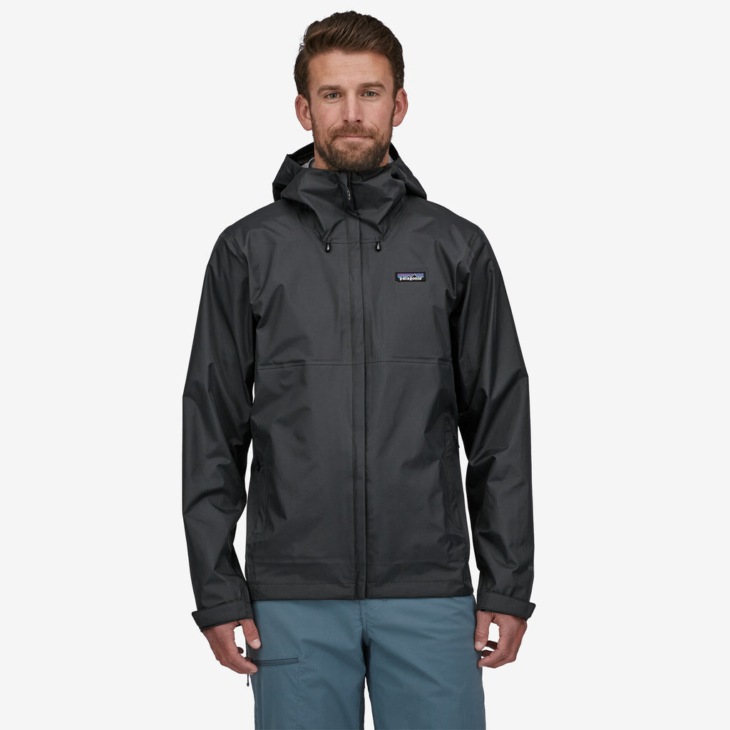 Front of Patagonia Torrentshell 3L Men's Rain Coat in Black on model