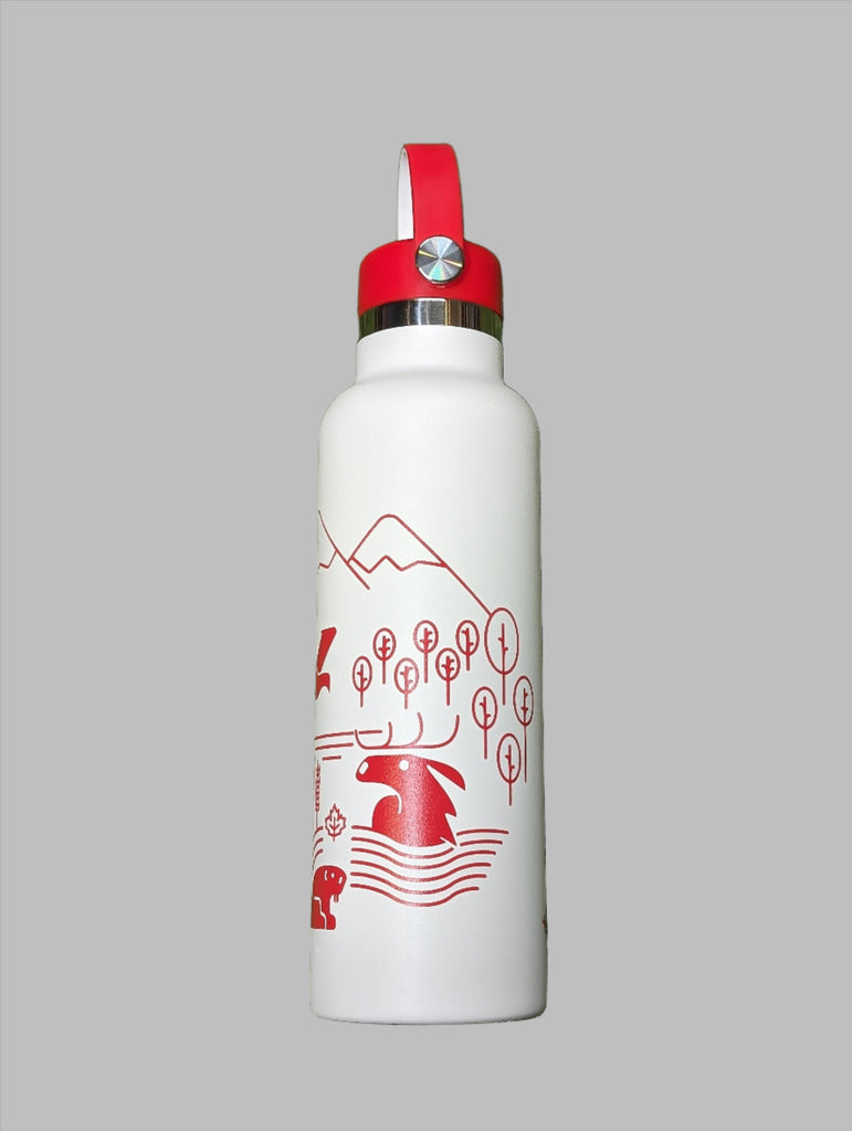 Side picture of white Hydro-Flask Water Bottle with red canada influenced design 