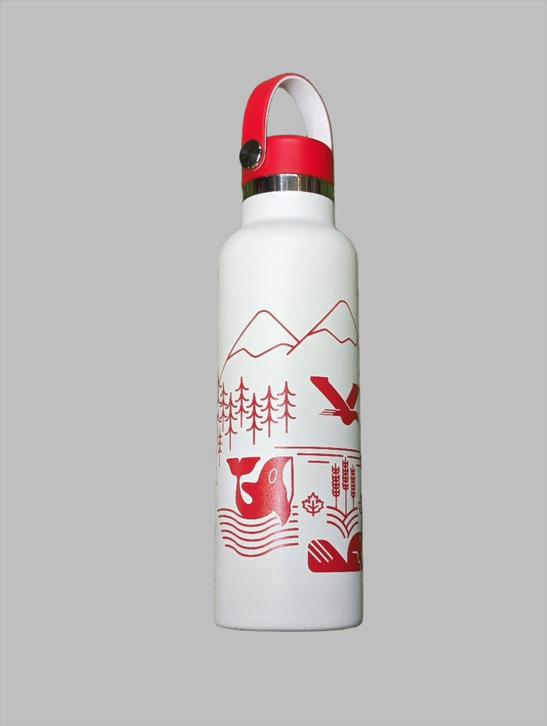 Side picture of white Hydro-Flask Water Bottle with red canada influenced design 