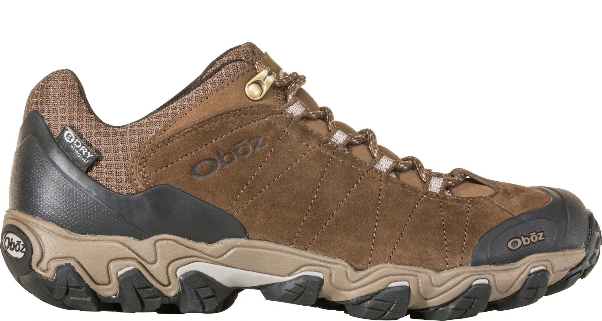 Brown hiking shoe with black sole on a white background