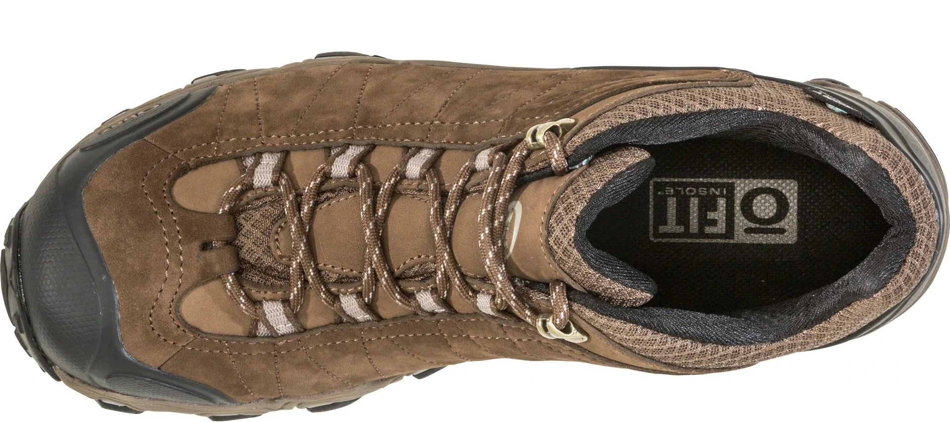 Brown hiking boot with visible brand logo on a white background