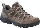 Brown hiking shoe with black sole on a white background