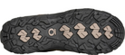 Close-up of a black shoe sole with brand logo on a white background