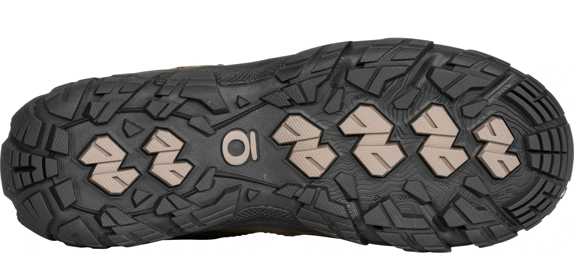 Close-up of a black shoe sole with brand logo on a white background