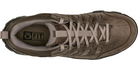 Top down view of brown hiking shoe with laces on a white background